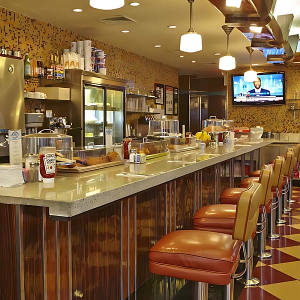 Remedy Diner's long counter with brown leather stools, food displays, and a TV showing a news anchor.